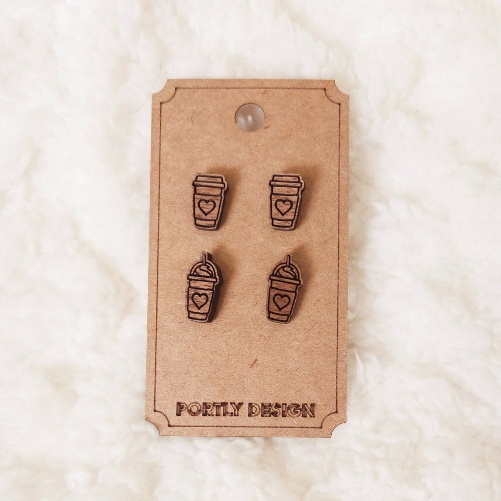 5/$25 Coffee Earrings Studs Wooden w/ heart
